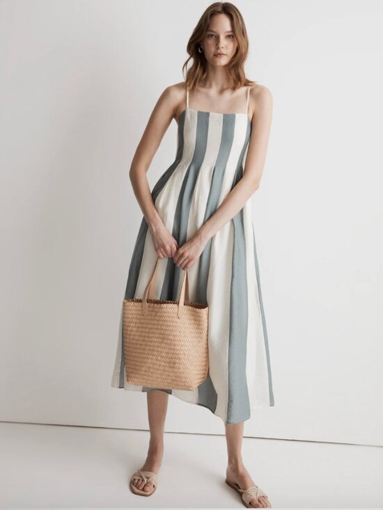 Madewell Dresses & Skirts - Madewell Pleated Midi Dress in Overcast (Blue and White Stripe) - Size 6